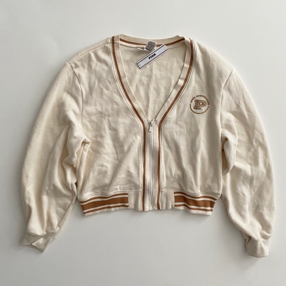 PINK Victoria's Secret Sweater Varsity Full Zip Cardigan Logo Ivory Stripe Nwt L - Picture 1 of 3